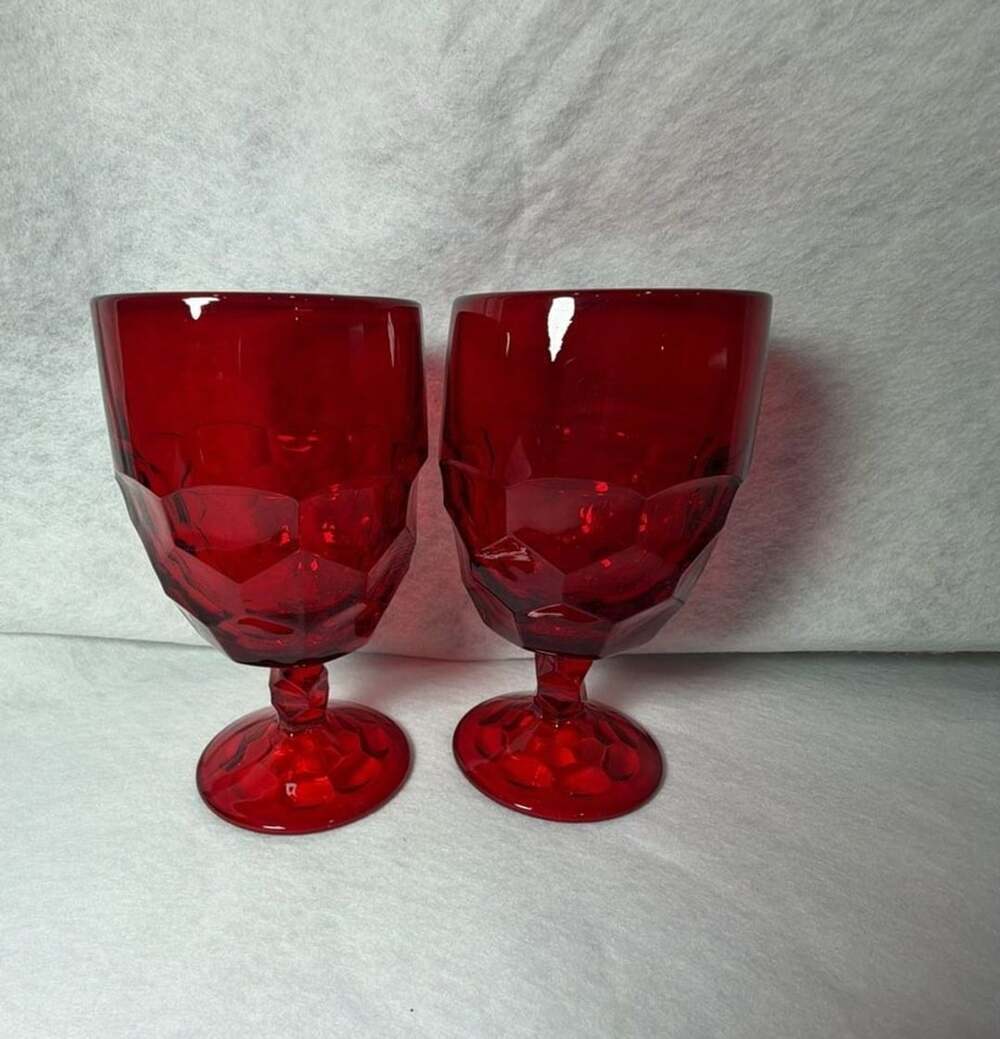Viking Glass Georgian Ruby Red Honeycomb Thumbprint Water Goblet Stemware 2 Pc